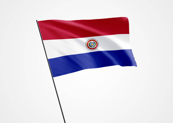 Flaga Paragwaju powiewa wysoko w białym, odizolowanym tle. 15 maja Dzień Niepodległości Paragwaju Światowa kolekcja flag narodowych Światowa kolekcja flag narodowych - Zdjęcie, obraz