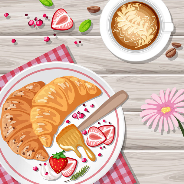 Breakfast croissant with fruits and a cup of coffee on the table illustration - Vektor, kép