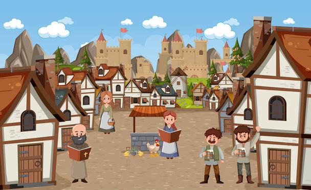 Scena medievale della città con illustrazione degli abitanti del villaggio - Vettoriali, immagini