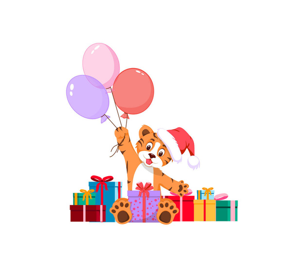 Mignon petit tigre tenant un cadeau et des ballons - Vecteur, image