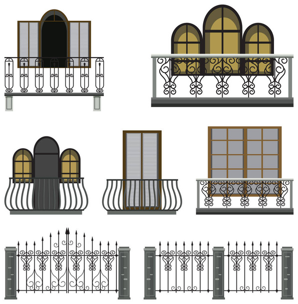Set of gothic balconies and gates illustration - Vector, Image