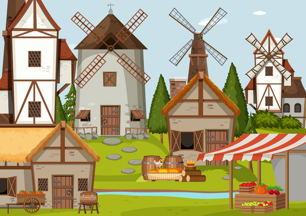 Scène médiévale de village avec moulins à vent et maisons illustration - Vecteur, image
