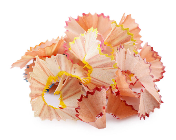 Heap of colorful pencil shavings on white background - Foto, imagen