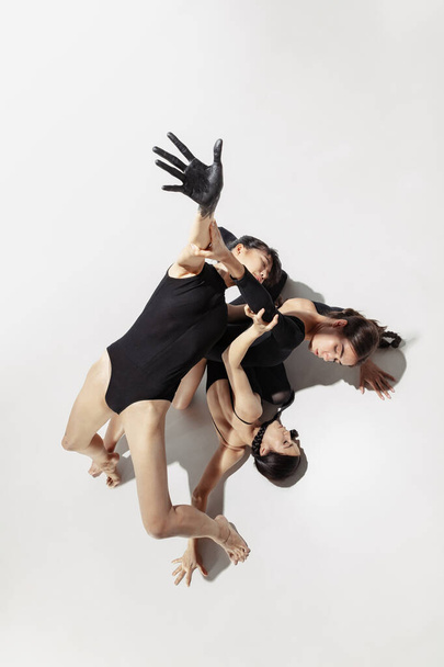High angle view. Modern ballet performance. Group of modern dancers, art contemp dance, black and white, combination of emotions - Fotoğraf, Görsel