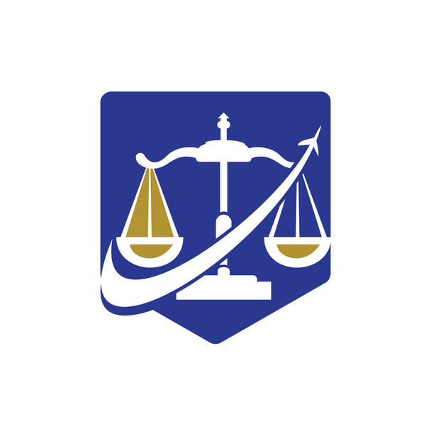 Plantilla de diseño de logotipo de vector de ley de viaje. Icono de equilibrio aeroplan y ley. - Vector, imagen