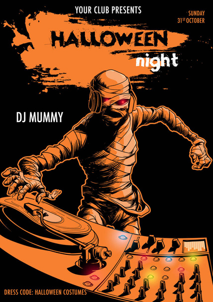 DJ Momia Negro y naranja fiesta de Halloween volante plantilla - Vector, Imagen