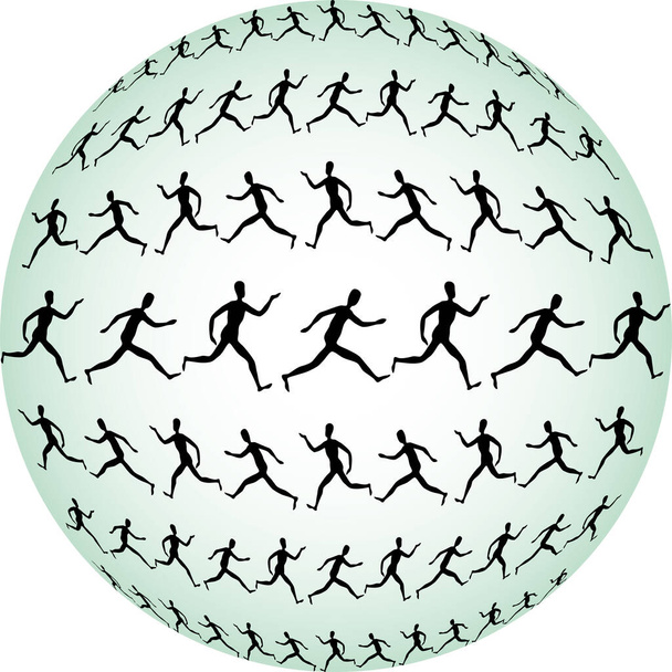 Ilustración vectorial de siluetas figuras humanas abstractas corriendo en filas sobre superficie de esfera verde - Vector, imagen