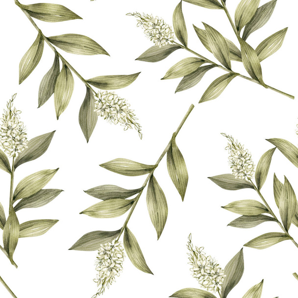 бесшовный узор с ботаническими зелеными ветвями, раскрашенная вручную иллюстрация на белом фоне - Фото, изображение