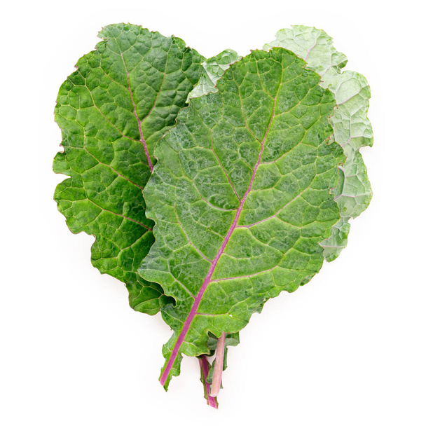 Vlak gelegd verse boerenkool bladeren in hartvorm geïsoleerd op witte achtergrond. Top view liefde gezond biologisch voedsel. - Foto, afbeelding