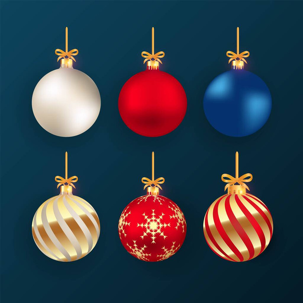 雪の結晶とクリスマスの現実的な装飾ボール。赤、金、青、白の色を持つ現実的なボール。暗い背景にクリスマスボールコレクション。ツリー装飾のためのクリスマスボールのセット. - ベクター画像