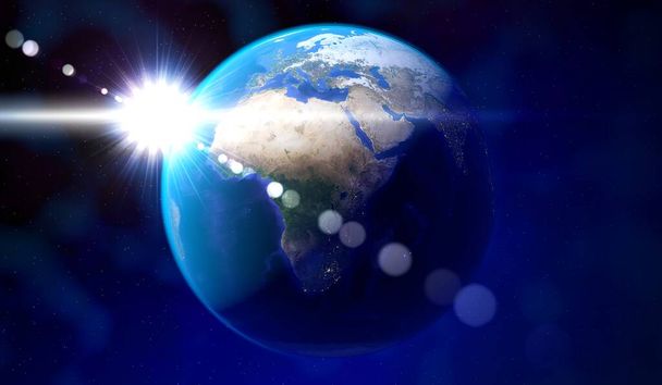 Terre - vue depuis l'espace en Europe et en Afrique, soleil éblouissant. Eléments de cette image fournie par la NASA - illustration 3D - Photo, image
