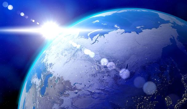 Maa, Eurooppa ja Aasia - näkymä Venäjän federaatioon, auringonpaiste. Elementit tämän kuvan kalustettu NASA - 3D-kuvitus - Valokuva, kuva