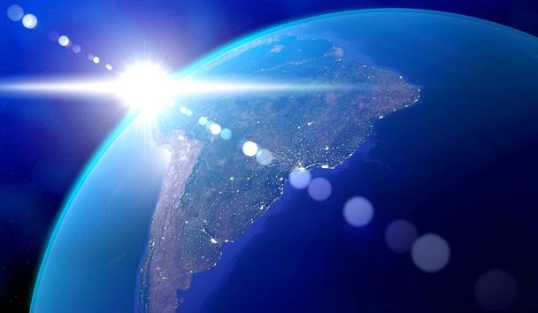 Terra, lado da América do Sul - brilho solar e luzes da cidade no Brasil, Argentina, Paraguai, Uruguai, Chile. Elementos desta imagem fornecidos pela NASA - ilustração 3D - Foto, Imagem