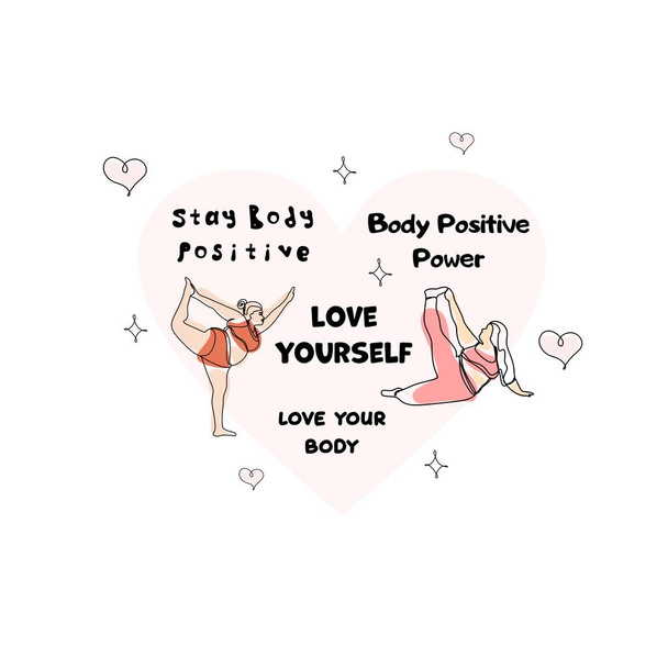 Body positive concept. Love your body. Vector linear illustration with plus size women. Positive illustration for postcards, web, banner, article, print, t-shirt. - Vector, Image