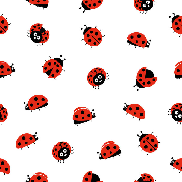 Ladybugs cute characters seamless pattern. Ladybirds insects flying with open wings and big eyes. Vector isolated on white - Vector, Imagen