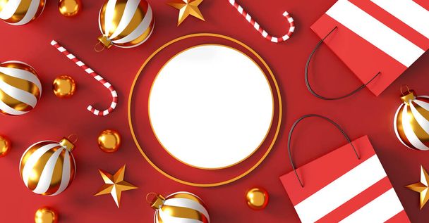 С Новым годом и Рождеством. красный пакет покупок на красном фоне. продажа баннерного дизайна. 3d иллюстрация - Фото, изображение