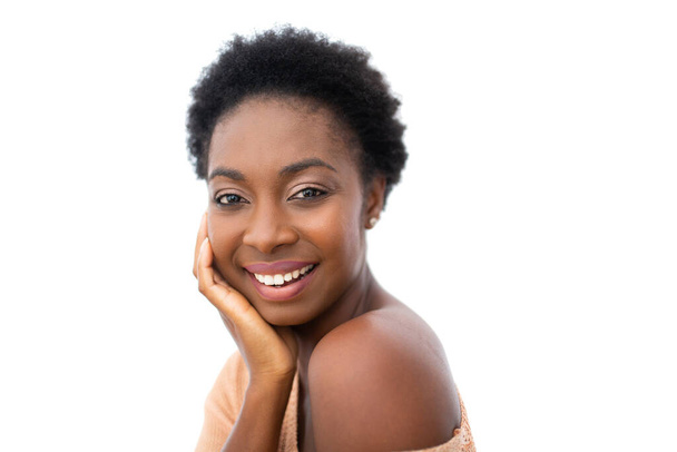 Close up side beauty portrait smiling young african American woman with hand on face  - Fotografie, Obrázek