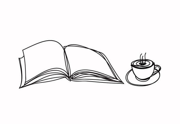 Kubek książki i kawy, styl rysowania linii, projekt wektora - Wektor, obraz