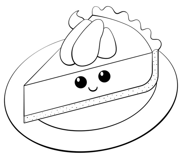 Piece of cake with eyes and smile outline monochrome icon. Cheesecake slice vector illustration isolated on white background. - Vetor, Imagem