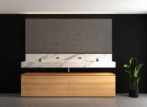 A minimal bathroom cabinet front of black wall. 3d rendering - Photo, Image