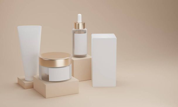 A set of cosmetic bottles for liquid, cream, gel, lotion. Cosmetics package, empty templates of transparent and white plastic containers: dispenser, cream jar, tube. 3d rendering. - Foto, afbeelding