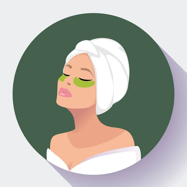 Relajado en Spa Mujer con máscara cosmética facial o parches bajo los ojos Tratamientos de Belleza icono vectorial - Vector, imagen