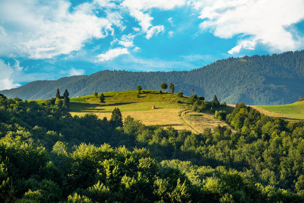 hill at sunrise on a background of mountains.  mountain landscape. - 写真・画像