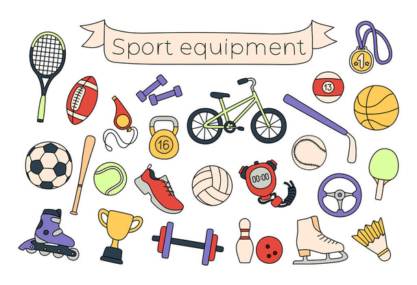 Sportuitrusting schetsset. Kleur icoon. Vector fitness illustratie uit de vrije hand. Voetbal, basketbal, volleybal, honkbal, rugby, biljart en fiets - Vector, afbeelding