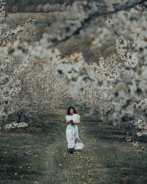 A young Bosnian woman posing in the beautiful cherry blossom garden - Fotografie, Obrázek