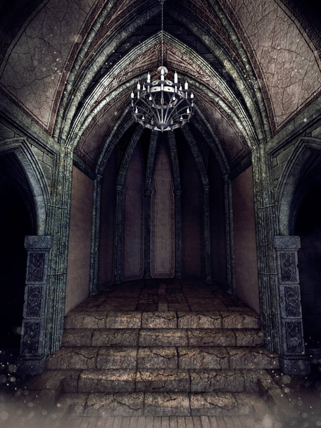 Sötét gótikus folyosó egy régi katedrálisban lógó lámpával gyertyákkal. 3D renderelés. - Fotó, kép