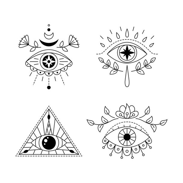 Σετ τατουάζ με μυστικιστικό μάτι. Θέα της Πρόνοιας. Γεωμετρικό μυστικιστικό κακό σύμβολο, όλοι βλέπουν το μάτι. Συλλογή ιερής γεωμετρίας - Διάνυσμα, εικόνα