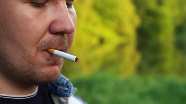 un uomo fuma una sigaretta mentre è all'aperto nel bosco - Filmati, video