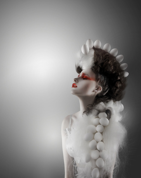 Creative Concept. Styled Futuristic Woman with Fantastic Headwear - Fotoğraf, Görsel