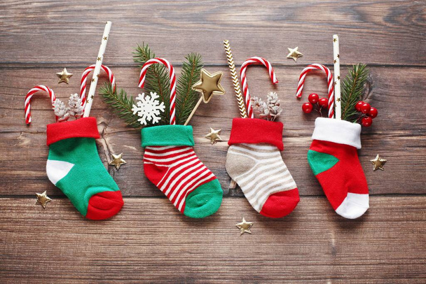 Christmas greeting card template with cute Christmas socks. Flat lay photography.  - Zdjęcie, obraz