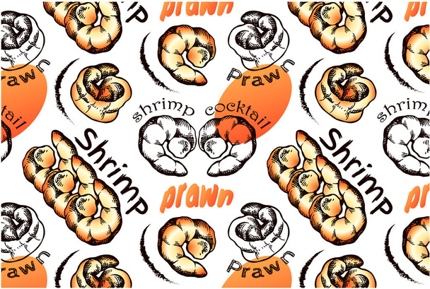 Doodle disegno modello con colorato arancio gamberetti realistici isolati su sfondo trasparente. Carta da parati pesce disegnato a mano schizzo per menu caffè. Linea art gamberetto, cocktail di gamberetti. Illustrazione vettoriale - Vettoriali, immagini