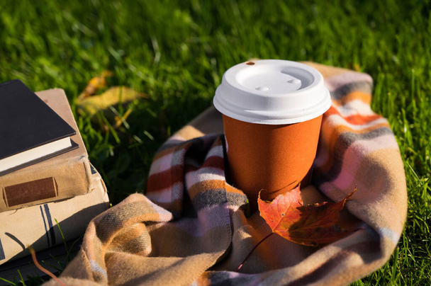Autumn composition. Stack of books. Orange cardboard cup of coffee. Warm brown scarf. Maple leaf. Green grass in park. - Zdjęcie, obraz