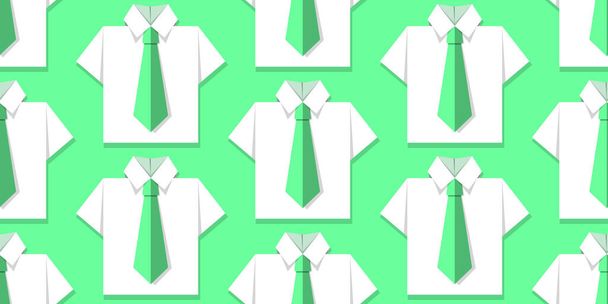 Seamless pattern with white office shirts and green ties on green background. Origami paper effect. Vector illustration. Business, studying concept - Вектор,изображение