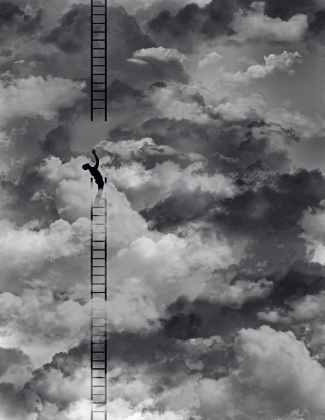 Ένας άντρας που ανεβαίνει μια σκάλα προς τα πάνω στα σύννεφα βρίσκει ένα κενό μεταξύ της σκάλας του και της επόμενης σκάλας που χρειάζεται να πάει ψηλότερα. Αυτή είναι μια τρισδιάστατη απεικόνιση. - Φωτογραφία, εικόνα