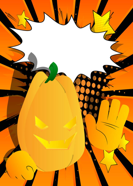 Calabaza decorativa para Halloween con la mano ondeante como un personaje de dibujos animados con la cara. Ilustración vectorial. - Vector, imagen