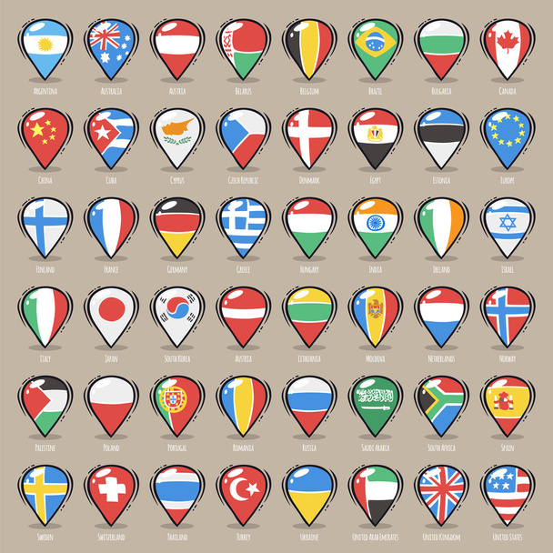 σύνολο των κινουμένων σχεδίων δείκτες χάρτη με μέλη σημαίες του κόσμου - Διάνυσμα, εικόνα