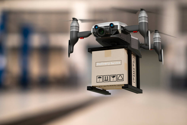 Technologia drona inżynierii przemysłu urządzeń latających w przemysłowej logistyki eksportu produktu importu domu usługi logistyczne wysyłki transportu lub auto części samochodowe renderowania 3D - Zdjęcie, obraz