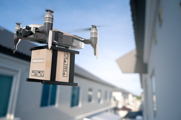 Industria de dispositivos de ingeniería de drones que vuela en exportación logística industrial, importación de productos, servicio de entrega a domicilio, logística, transporte, transporte o auto-partes, renderizado 3D - Foto, Imagen