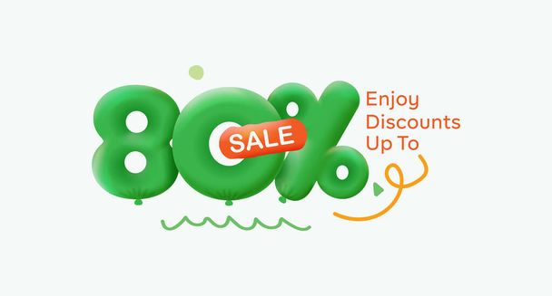 Enjoy discounts up to 80% summer sale banner in form of 3D green balloons. - Vector, Image