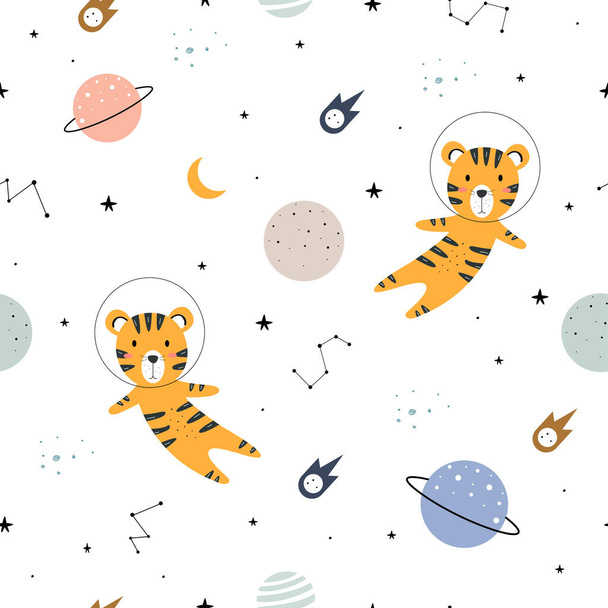 Saumaton kuvio Tiikeri kelluu tähtiavaruudessa Söpö sarjakuva eläinten taustat käytetään kangas, tekstiili, tapetti. Vektoriesimerkki - Vektori, kuva
