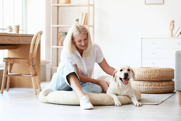 Mature woman with cute Labrador dog at home - Fotoğraf, Görsel