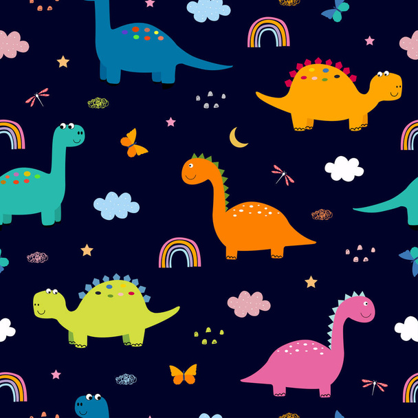 Динозавры и облака в небе Бесшовный узор милый мультяшный животный фон Рисунок в детском стиле Дизайн, используется для печати, обои, ткань, текстильная векторная иллюстрация - Вектор,изображение