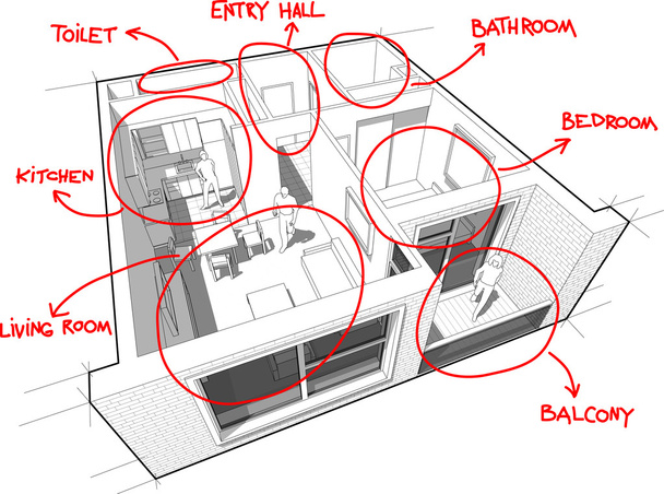 Apartman diagram, kézzel készült feljegyzések - Vektor, kép