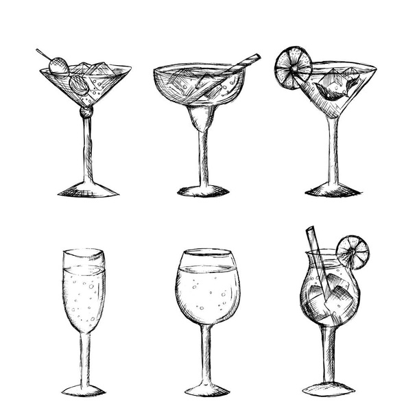 Satz von Elementen Symbole Skizze Glas handgezeichnete schwarz-weiße Cocktail-Skizze - Vektor, Bild