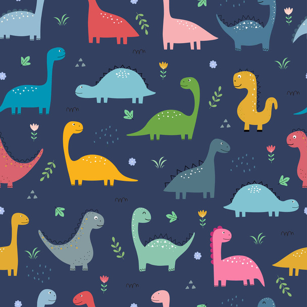 Dinosaurier und blumen Nahtloses muster Nette cartoon tier hintergrund handgezeichnet in kids style für druck, tapete, dekorativ, stoff, textil. Vektorillustration - Vektor, Bild