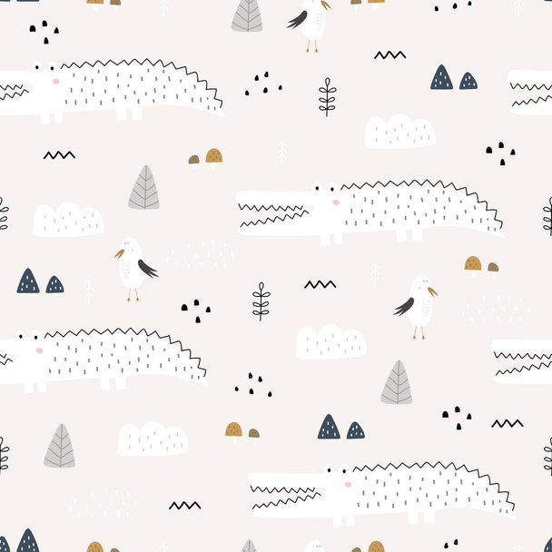 Seamless pattern Animal cartoon background with crocodile and white bird Hand drawn design in childrens style, use for print, decoration wallpaper, fabric, textile. Vector illustration - Vector, Image